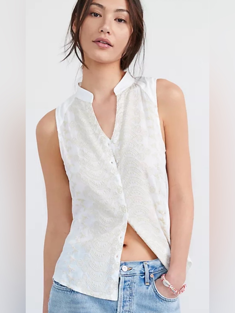 Anthropologie TINY Sleeveless Cream Gardenia  Embroidered Button Up Blouse 👚 Top